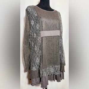 Boho Fairy Grey Lace & Mesh Long Sleeve Top w/Sequin Details Size Large